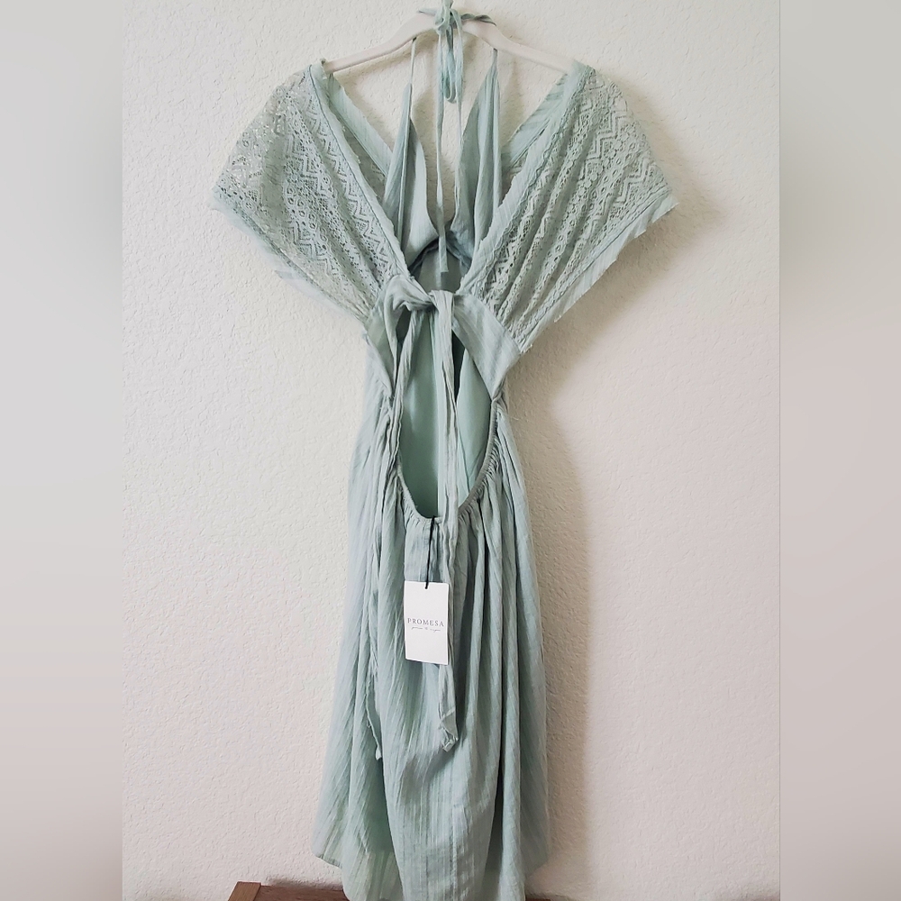 Promesa Saving Grace Sage Green High Low Above Knee Boho Halter Dress S Boho NWT - Picture 6 of 15